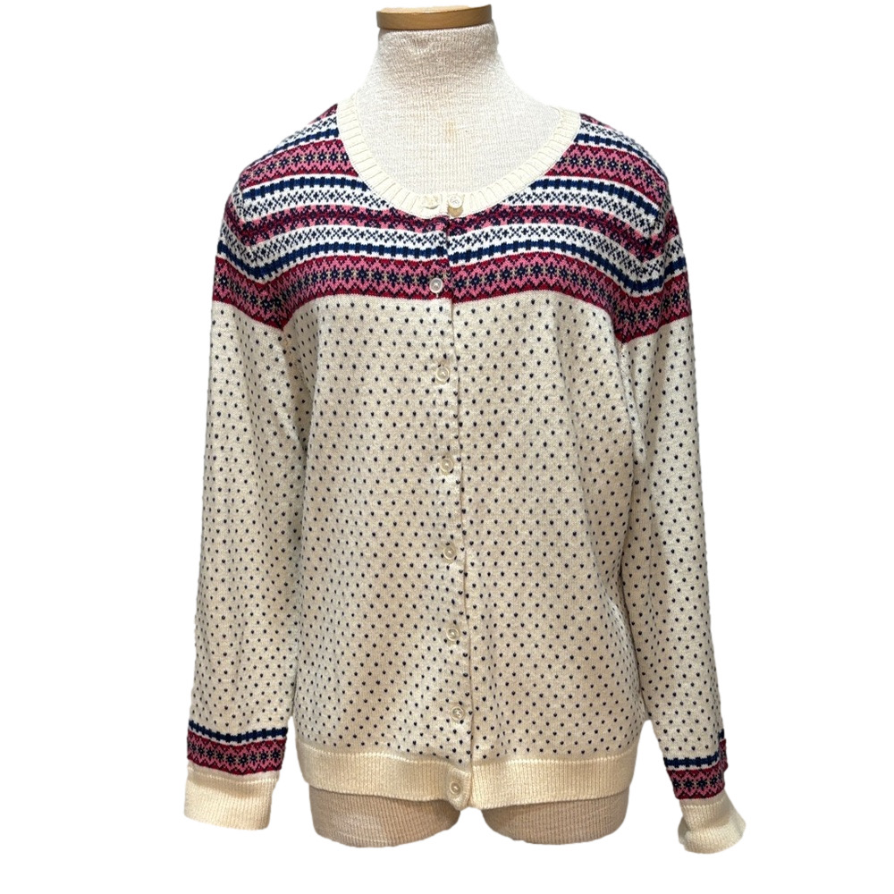 Talbots sz XL cream colored lambswool button front cardigan with fair isle print